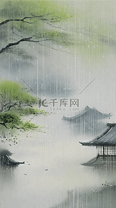 清明节国风雨中春景素材