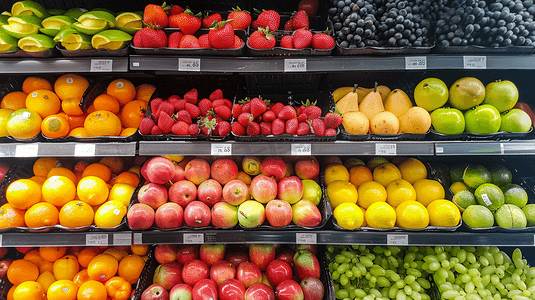 水果货架摄影照片_超市货架多种水果1