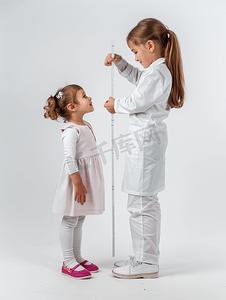 女性医护人员摄影照片_医护人员给小女孩测量身高