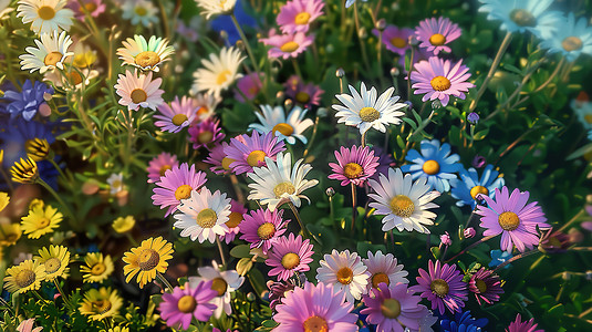 春天的早晨彩色小雏菊摄影图