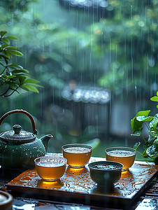 春天下雨天品茶休闲生活图片