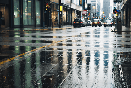 市井街景摄影照片_被雨打湿的城市街道摄影图0