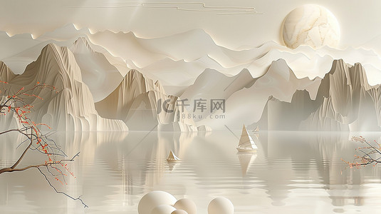 新中式展台背景图片_珍珠白水墨画电商展台背景