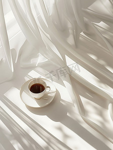 白色光影摄影照片_咖啡白色简约背景图片