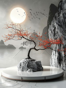 中国风山景展台树枝背景素材