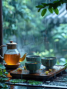 春天下雨天品茶休闲生活高清摄影图