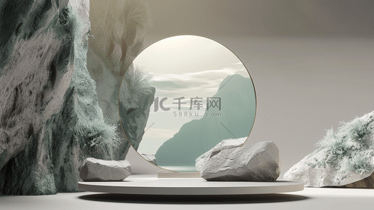 简约国风风景文艺圆形镜面展示的背景9