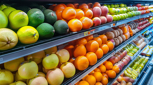 水果货架摄影照片_超市货架多种水果4