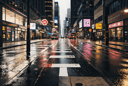 下雨的街道城市路面摄影照片2
