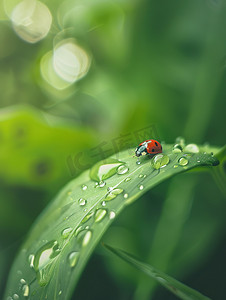七星瓢虫卵摄影照片_春天春季树叶上水滴的瓢虫摄影配图