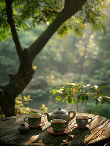 品茶摄影照片_春天大树下户外喝茶高清图片