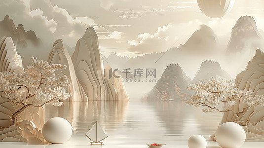 电商展台新中式背景图片_珍珠白水墨画电商展台背景