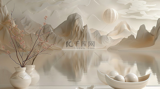 新中式展台背景图片_珍珠白水墨画电商展台背景图