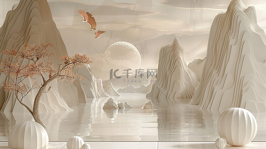 中式电商展台背景图片_珍珠白水墨画电商展台背景