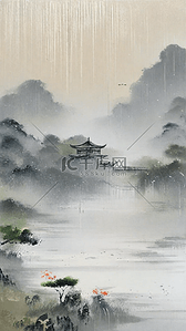 清明节国风雨中春景设计图