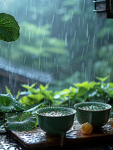 谷雨实景摄影照片_春天下雨天品茶休闲生活摄影配图
