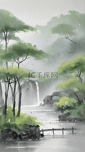 山水雨背景图片_清明节国风雨中春景设计图