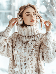 带音乐的摄影照片_穿着毛衣的美女带耳机听音乐