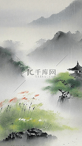 山水雨背景图片_清明节国风雨中春景设计图