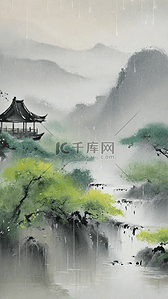 山水雨背景图片_清明节国风雨中春景设计图