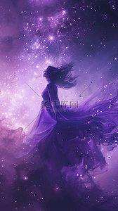 紫色星空背景里的潮流时尚女性