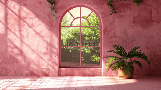 粉色花清新背景图片_女神节妇女节粉色拱窗花窗背景