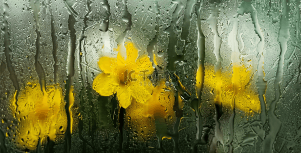 雨水设计背景图片_春天雨天玻璃窗里的一束黄色的水仙花设计