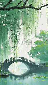 垂柳溪水gif背景图片_青绿色水墨清明节山水园林背景