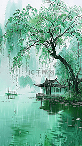 绿色水墨江南背景图片_青绿色水墨清明节山水园林背景