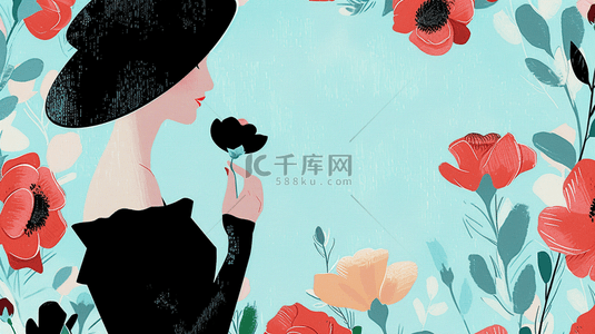 花朵和背景图片_女神节时尚的黑衣女性和花朵设计图