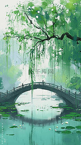 水墨湖泊背景图片_青绿色水墨清明节山水园林背景