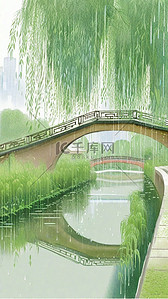 园林景观手绘背景图片_绿色春天清明节垂柳景观背景素材