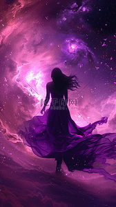 紫色女神节背景图片_紫色星空背景里的潮流时尚女性