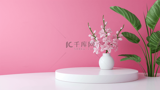 粉色绿植背景图片_粉红渐变室内舞台花瓶绿植的背景3