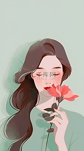 女孩儿插画背景图片_清新妇女节女神节拿着一朵红花的女孩设计