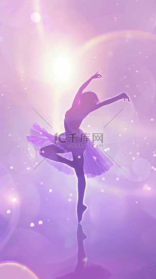 女神节紫色光影里的优雅芭蕾女孩剪影背景