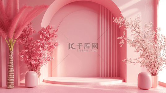 颗粒粉色背景图片_粉色立体门型方块空间室内装饰的背景5
