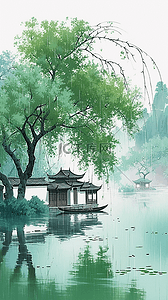 烟雨水墨背景图片_青绿色水墨清明节山水园林背景
