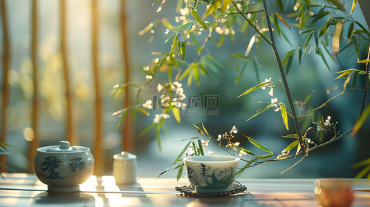 瓷器背景图片_绿茶瓷器传统电商背景