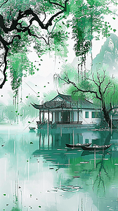 青绿色背景图片_青绿色水墨清明节山水园林背景