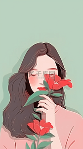 的女孩背景图片_清新妇女节女神节拿着一朵红花的女孩设计图