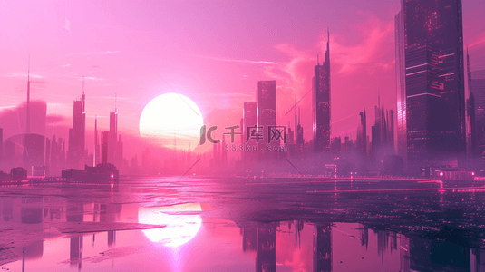 梦幻城市背景图片_粉色梦幻城市建筑太阳升起的背景13