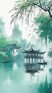 水墨湖泊背景图片_青绿色水墨清明节山水园林背景