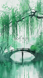 湖泊水墨背景图片_青绿色水墨清明节山水园林背景
