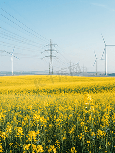 春天油菜花田上竖立着高压电力线和新能源风车