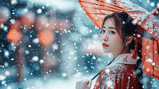 冬天雪景身着汉服的女性摄影
