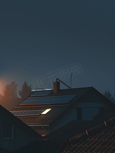 夜晚屋顶上的太阳能板
