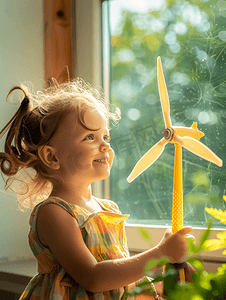 小女孩体验风车发电模型装置