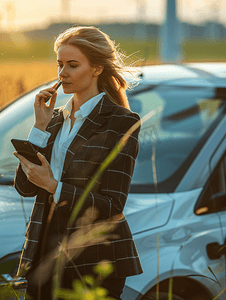 新能源汽车旁打电话看时间的商务女性