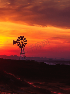 新疆五彩滩风车夕阳下的剪影